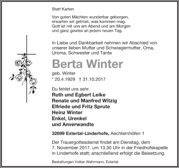 Anzeige  Berta Winter  Lippische Landes-Zeitung