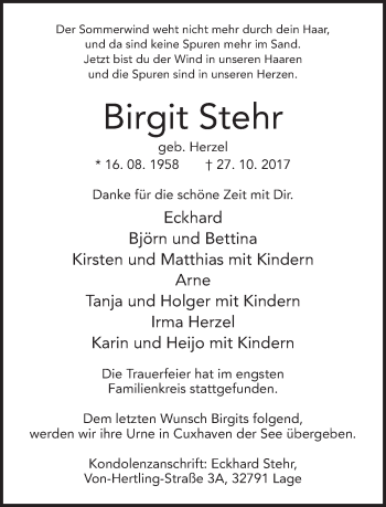 Anzeige  Birgit Stehr  Lippische Landes-Zeitung