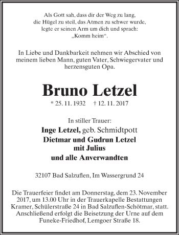 Anzeige  Bruno Letzel  Lippische Landes-Zeitung