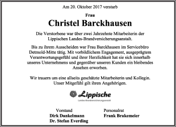 Anzeige  Christel Barckhausen  Lippische Landes-Zeitung