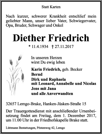Anzeige  Diether Friedrich  Lippische Landes-Zeitung