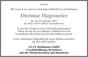 Anzeige  Dietmar Hagemeier  Lippische Landes-Zeitung