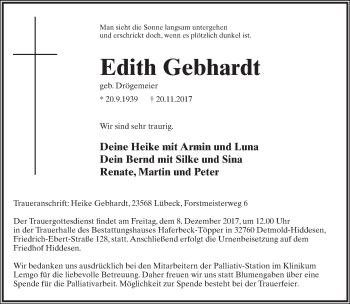 Anzeige  Edith Gebhardt  Lippische Landes-Zeitung