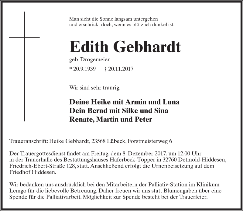  Traueranzeige für Edith Gebhardt vom 25.11.2017 aus Lippische Landes-Zeitung