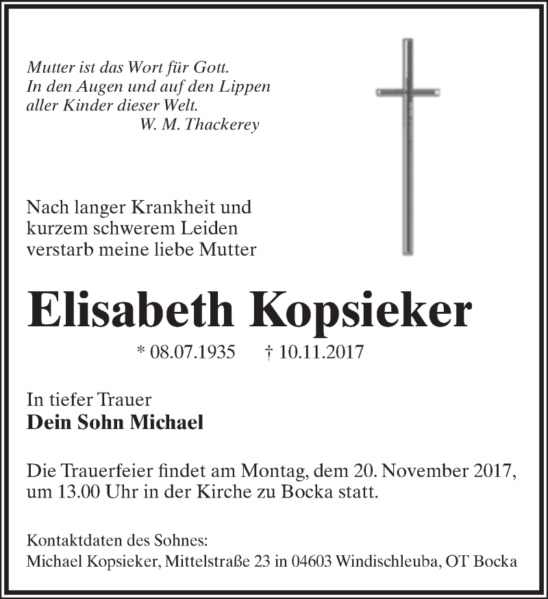  Traueranzeige für Elisabeth Kopsieker vom 18.11.2017 aus Lippische Landes-Zeitung