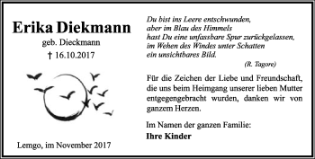 Anzeige  Erika Diekmann  Lippische Landes-Zeitung