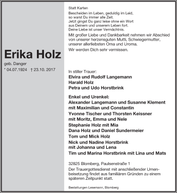 Anzeige  Erika Holz  Lippische Landes-Zeitung