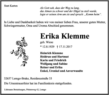 Anzeige  Erika Klemme  Lippische Landes-Zeitung