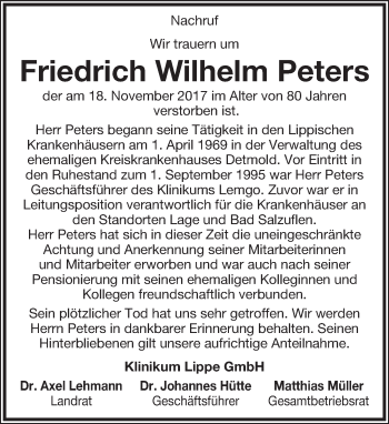 Anzeige  Friedrich Wilhelm Peters  Lippische Landes-Zeitung