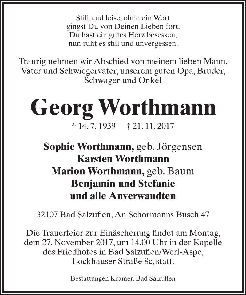  Traueranzeige für Georg Worthmann vom 23.11.2017 aus Lippische Landes-Zeitung