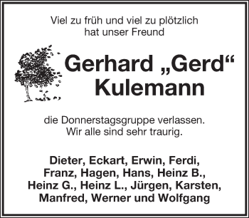 Anzeige  Gerhard  Kulemann  Lippische Landes-Zeitung