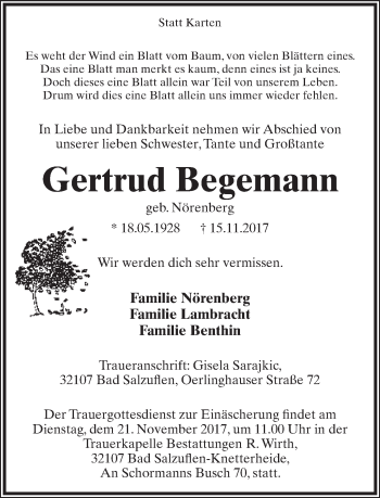 Anzeige  Gertrud Begemann  Lippische Landes-Zeitung