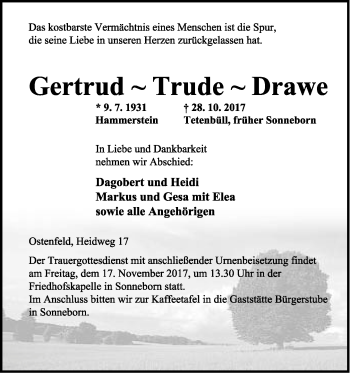 Anzeige  Gertrud Drawe  Lippische Landes-Zeitung