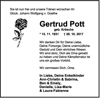 Anzeige  Gertrud Pott  Lippische Landes-Zeitung