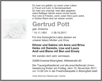 Anzeige  Gertrud Pott  Lippische Landes-Zeitung