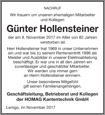 Anzeige  Günter Hollensteiner  Lippische Landes-Zeitung