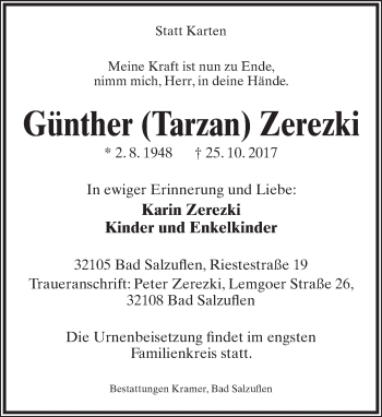 Anzeige  Günther Zerezki  Lippische Landes-Zeitung