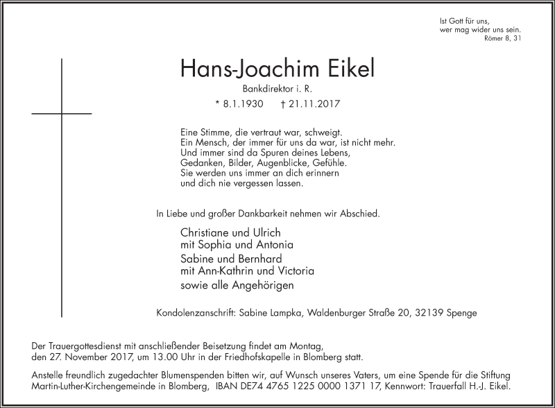  Traueranzeige für Hans-Joachim Eikel vom 25.11.2017 aus Lippische Landes-Zeitung