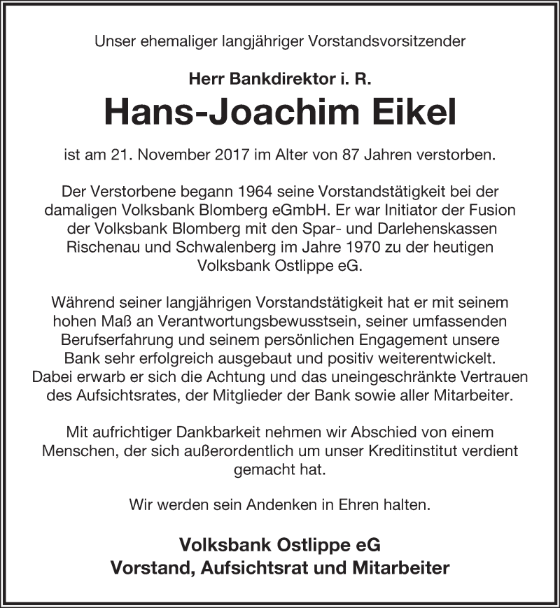  Traueranzeige für Hans-Joachim Eikel vom 25.11.2017 aus Lippische Landes-Zeitung