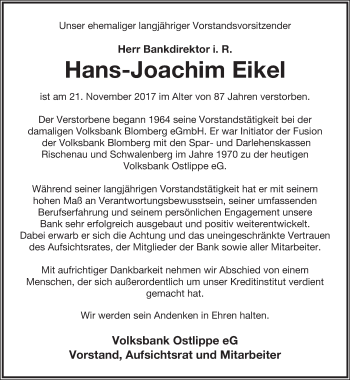 Anzeige  Hans-Joachim Eikel  Lippische Landes-Zeitung