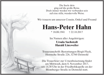 Anzeige  Hans-Peter Hahn  Lippische Landes-Zeitung