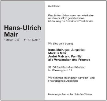 Anzeige  Hans-Ulrich Mair  Lippische Landes-Zeitung