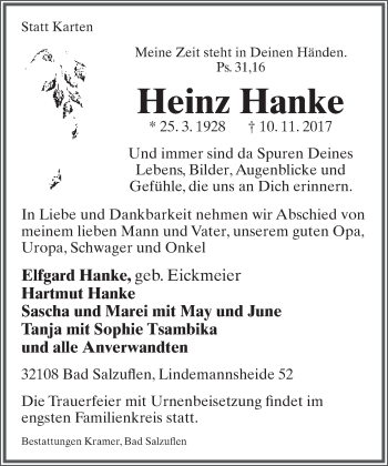 Anzeige  Heinz Hanke  Lippische Landes-Zeitung