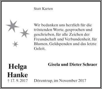 Anzeige  Helga Hanke  Lippische Landes-Zeitung