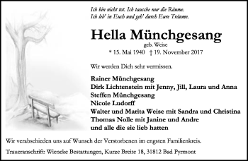 Anzeige  Hella Münchgesang  Lippische Landes-Zeitung