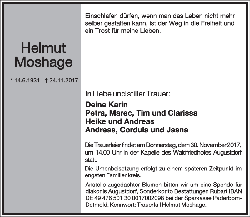  Traueranzeige für Helmut Moshage vom 25.11.2017 aus Lippische Landes-Zeitung
