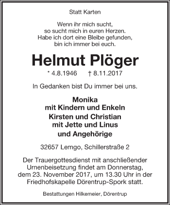 Anzeige  Helmut Plöger  Lippische Landes-Zeitung