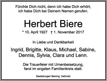 Anzeige  Herbert Biere  Lippische Landes-Zeitung