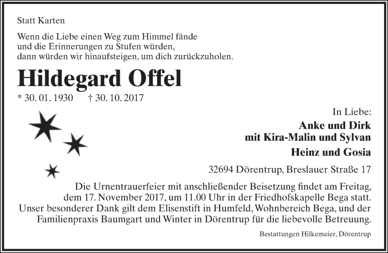 Traueranzeige für Hildegard Offel vom 11.11.2017 aus Lippische Landes-Zeitung