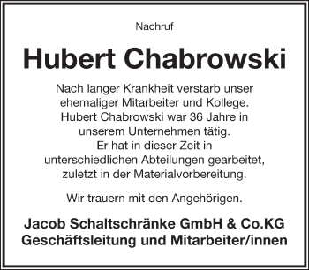 Anzeige  Hubert Chabrowski  Lippische Landes-Zeitung