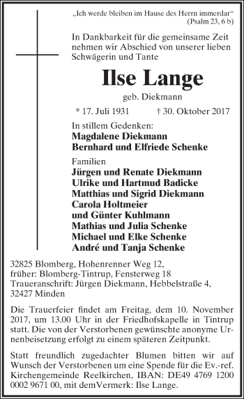 Anzeige  Ilse Lange  Lippische Landes-Zeitung