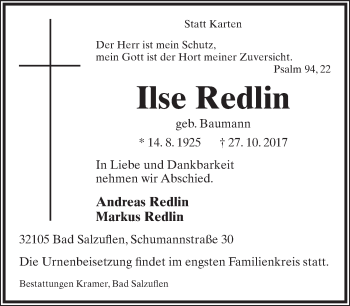 Anzeige  Ilse Redlin  Lippische Landes-Zeitung