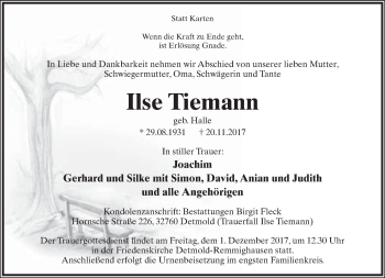 Anzeige  Ilse Tiemann  Lippische Landes-Zeitung