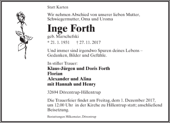 Anzeige  Inge Forth  Lippische Landes-Zeitung