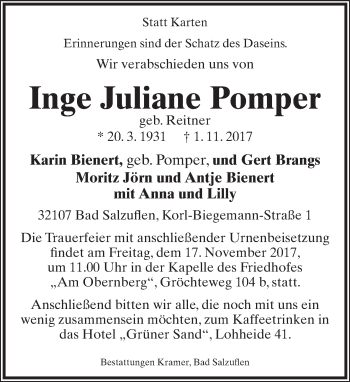 Anzeige  Inge Juliane Pomper  Lippische Landes-Zeitung