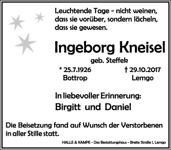 Anzeige  Ingeborg Kneisel  Lippische Landes-Zeitung