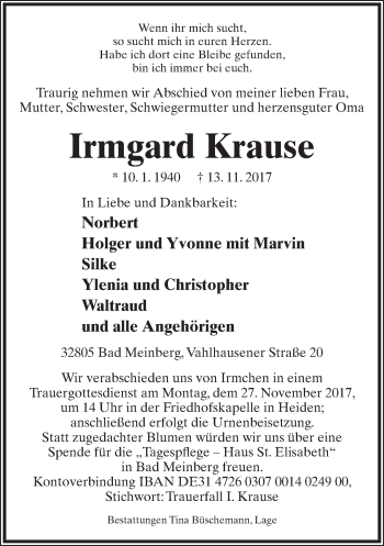 Anzeige  Irmgard Krause  Lippische Landes-Zeitung
