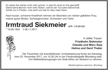 Anzeige  Irmtraud Siekmeier  Lippische Landes-Zeitung