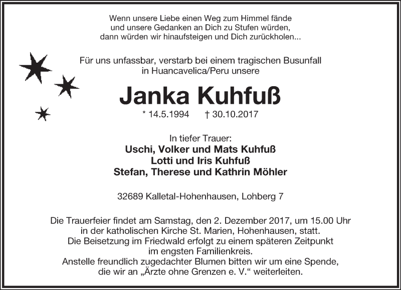  Traueranzeige für Janka Kuhfuß vom 25.11.2017 aus Lippische Landes-Zeitung