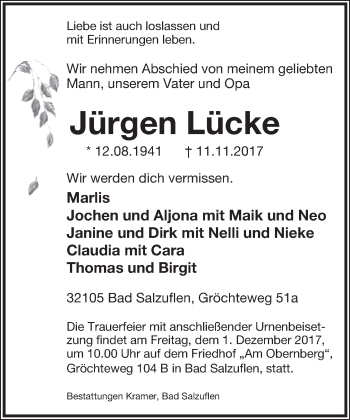 Anzeige  Jürgen Lücke  Lippische Landes-Zeitung