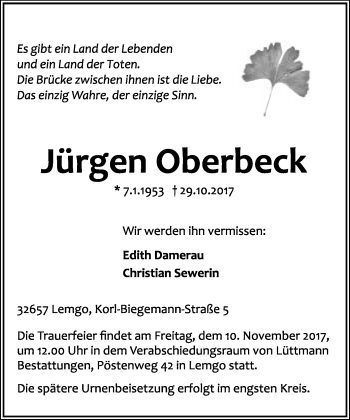 Anzeige  Jürgen Oberbeck  Lippische Landes-Zeitung