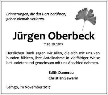 Anzeige  Jürgen Oberbeck  Lippische Landes-Zeitung