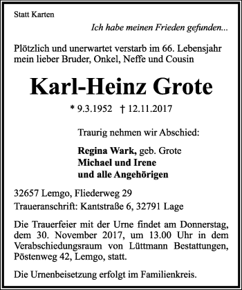 Anzeige  Karl-Heinz Grote  Lippische Landes-Zeitung
