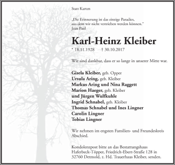 Anzeige  Karl-Heinz Kleiber  Lippische Landes-Zeitung