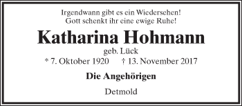 Anzeige  Katharina Hohmann  Lippische Landes-Zeitung