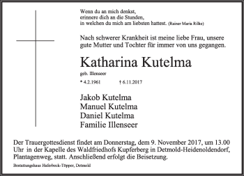 Anzeige  Katharina Kutelma  Lippische Landes-Zeitung
